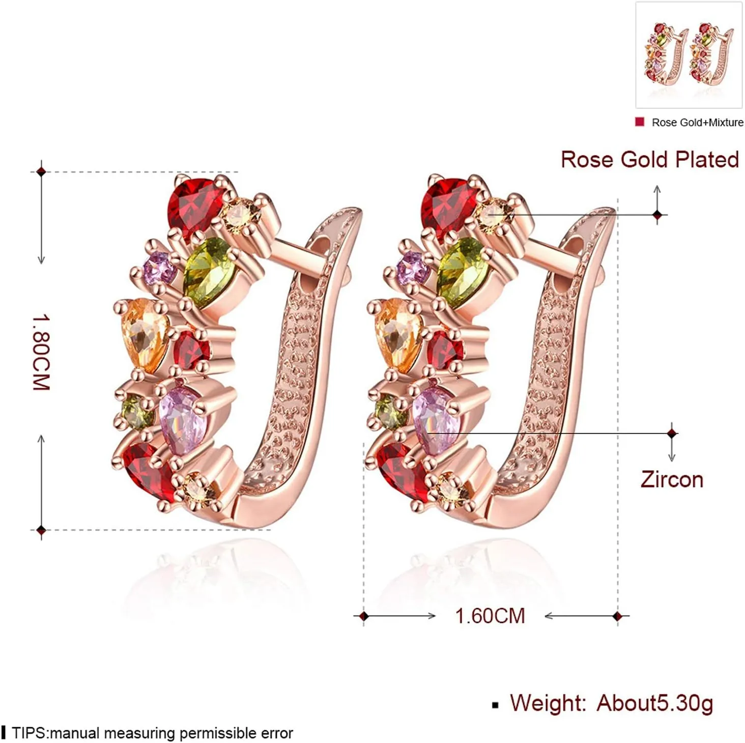 14K Rose Gold Huggie Stud Earrings for Women Gold Hoop Earrings Multicolored Crystal Elements Fashion Bridal Jewelry