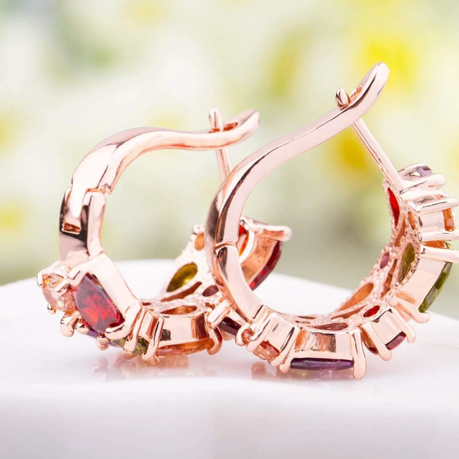 14K Rose Gold Huggie Stud Earrings for Women Gold Hoop Earrings Multicolored Crystal Elements Fashion Bridal Jewelry