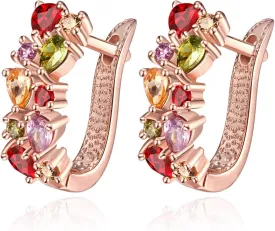 14K Rose Gold Huggie Stud Earrings for Women Gold Hoop Earrings Multicolored Crystal Elements Fashion Bridal Jewelry