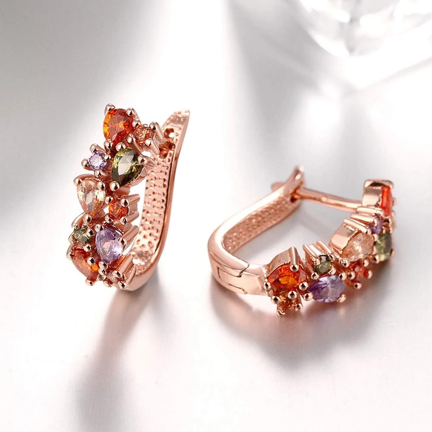 14K Rose Gold Huggie Stud Earrings for Women Gold Hoop Earrings Multicolored Crystal Elements Fashion Bridal Jewelry