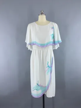 1970s Vintage Watercolor White Chiffon Day Dress