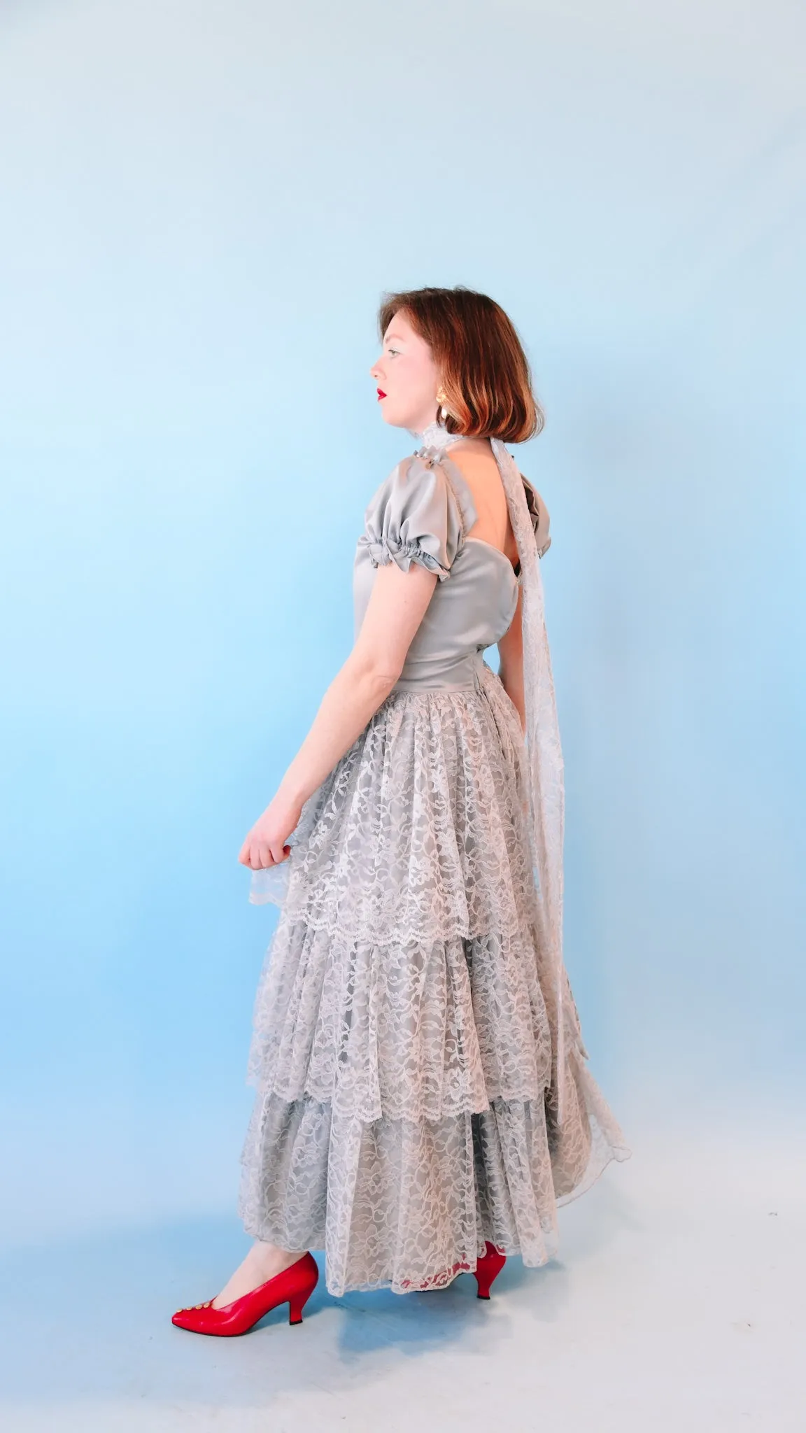 1980s Gray Tiered Lace Dress, sz. M
