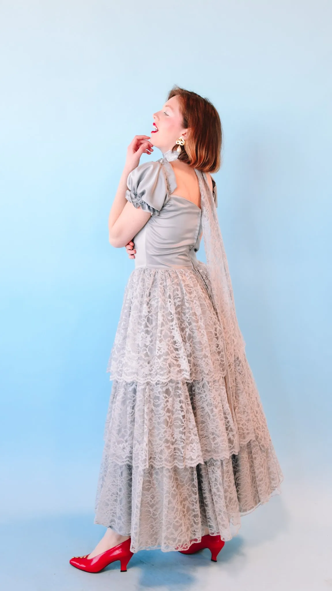 1980s Gray Tiered Lace Dress, sz. M