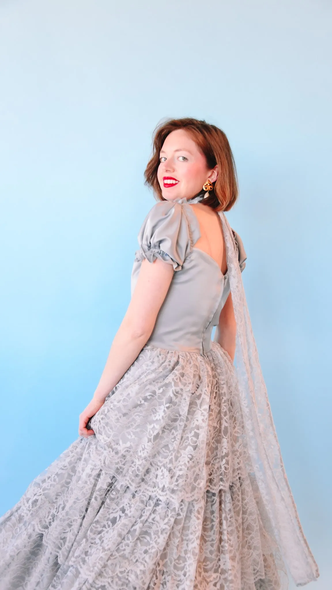 1980s Gray Tiered Lace Dress, sz. M