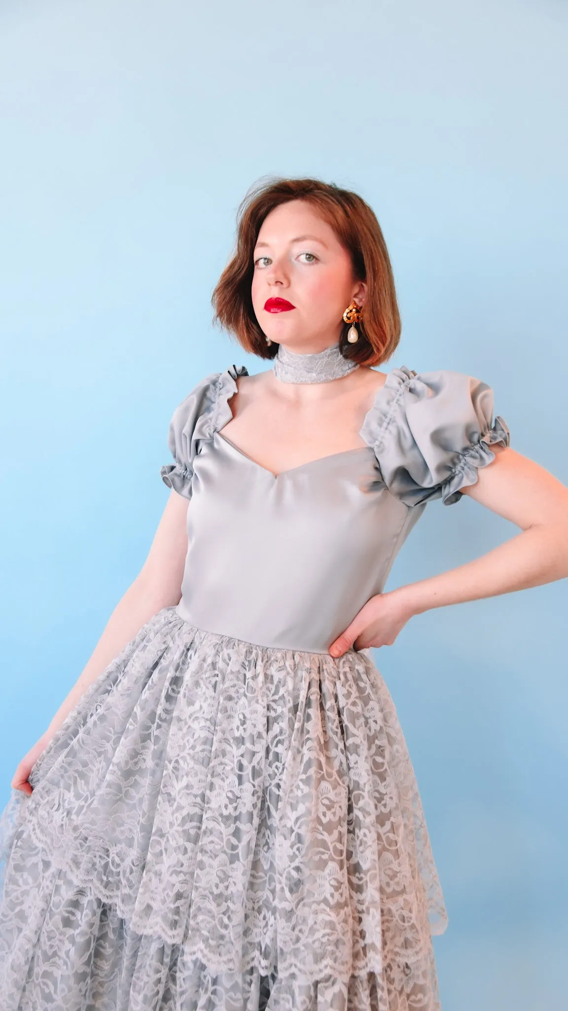 1980s Gray Tiered Lace Dress, sz. M