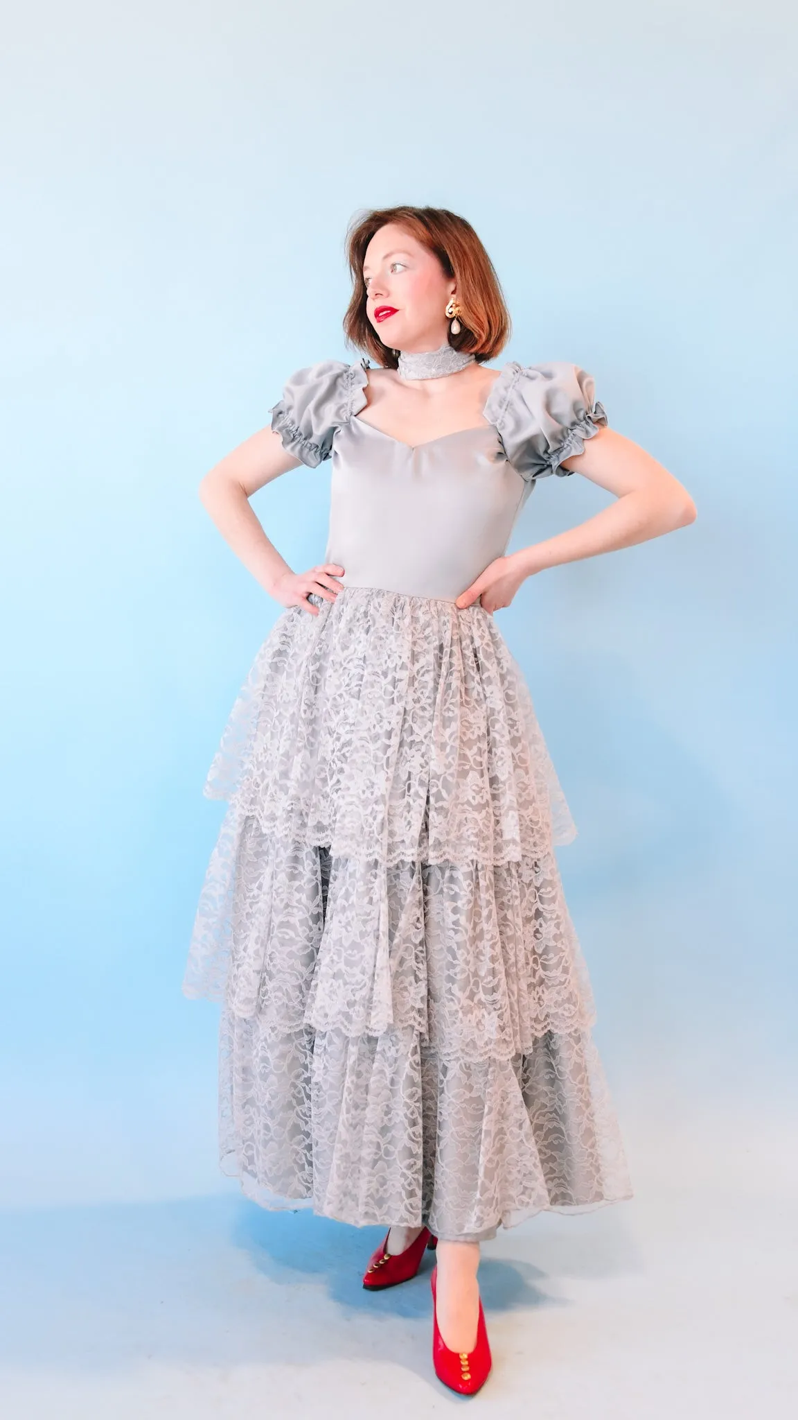 1980s Gray Tiered Lace Dress, sz. M