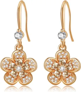 Austrian Crystal Flower Dangle Drop Earrings for Women 14K Gold Plated Hypoallergenic Jewelry