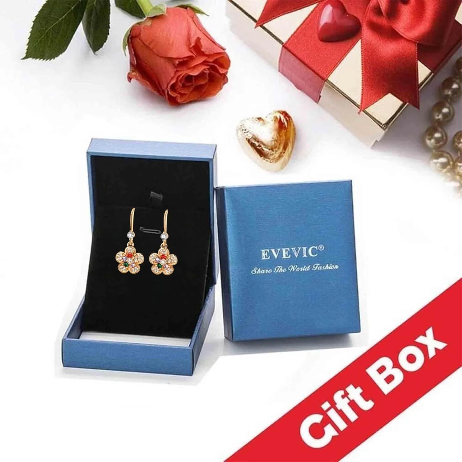 Austrian Crystal Flower Dangle Drop Earrings for Women 14K Gold Plated Hypoallergenic Jewelry