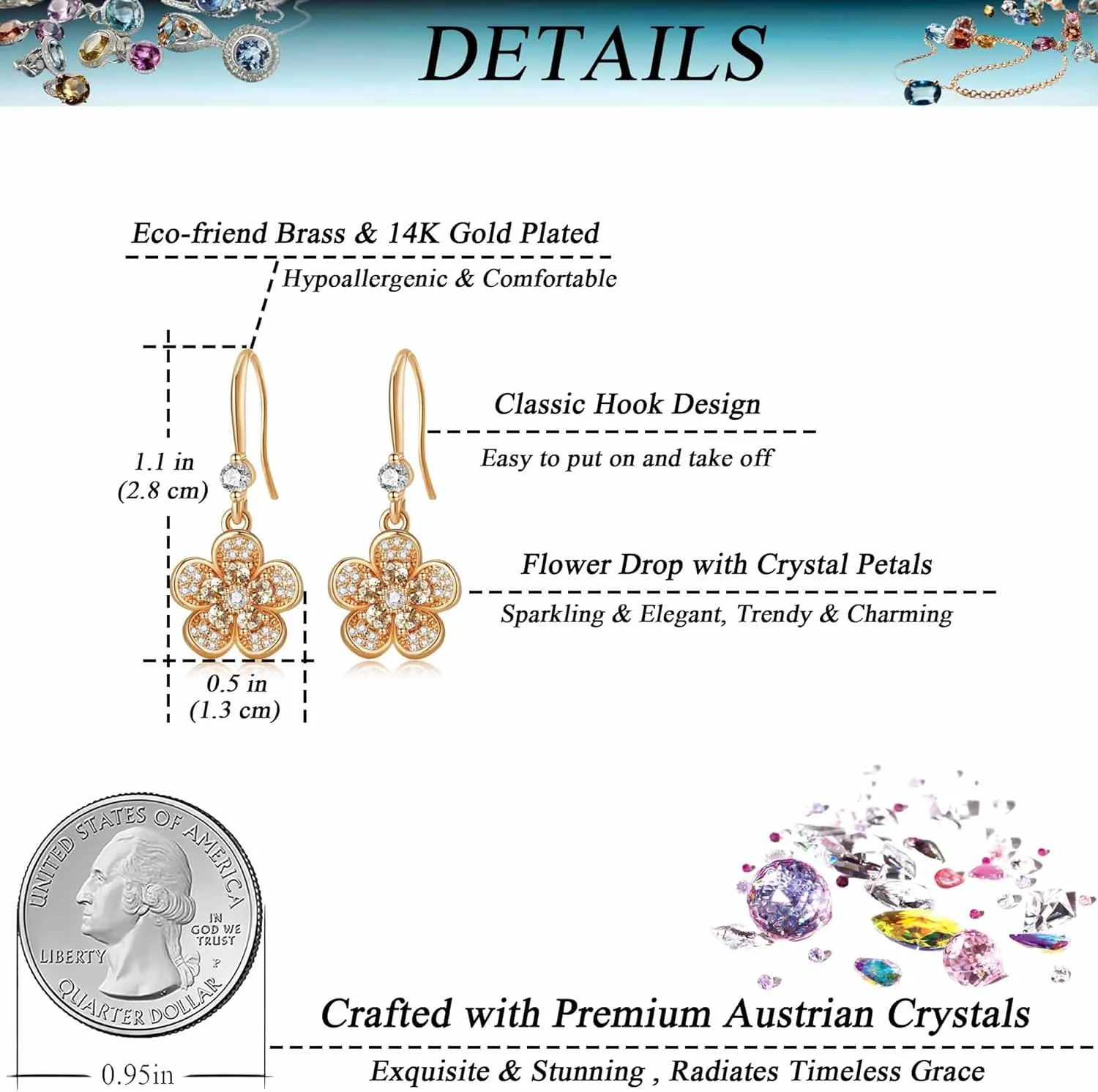 Austrian Crystal Flower Dangle Drop Earrings for Women 14K Gold Plated Hypoallergenic Jewelry
