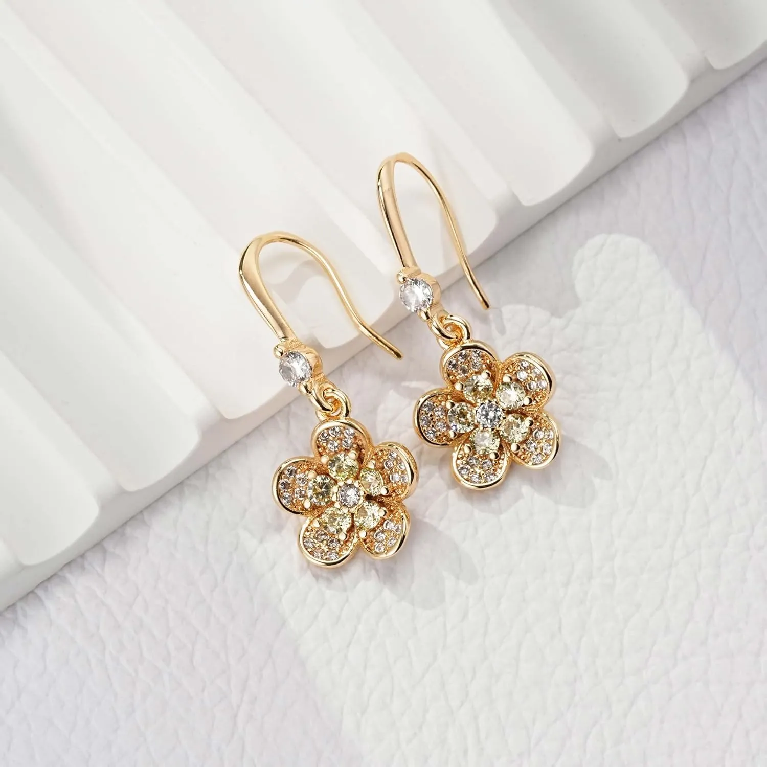 Austrian Crystal Flower Dangle Drop Earrings for Women 14K Gold Plated Hypoallergenic Jewelry