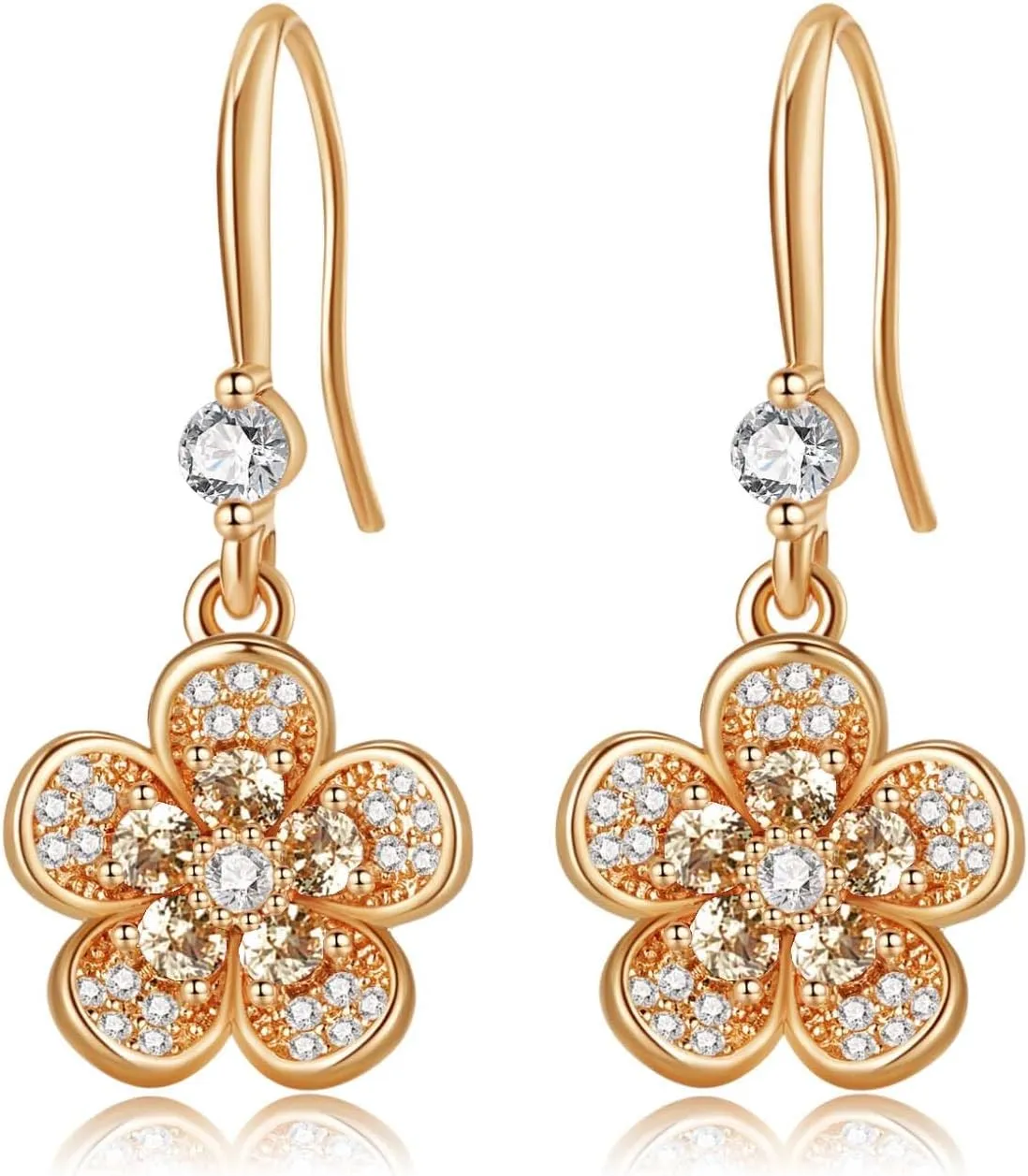 Austrian Crystal Flower Dangle Drop Earrings for Women 14K Gold Plated Hypoallergenic Jewelry