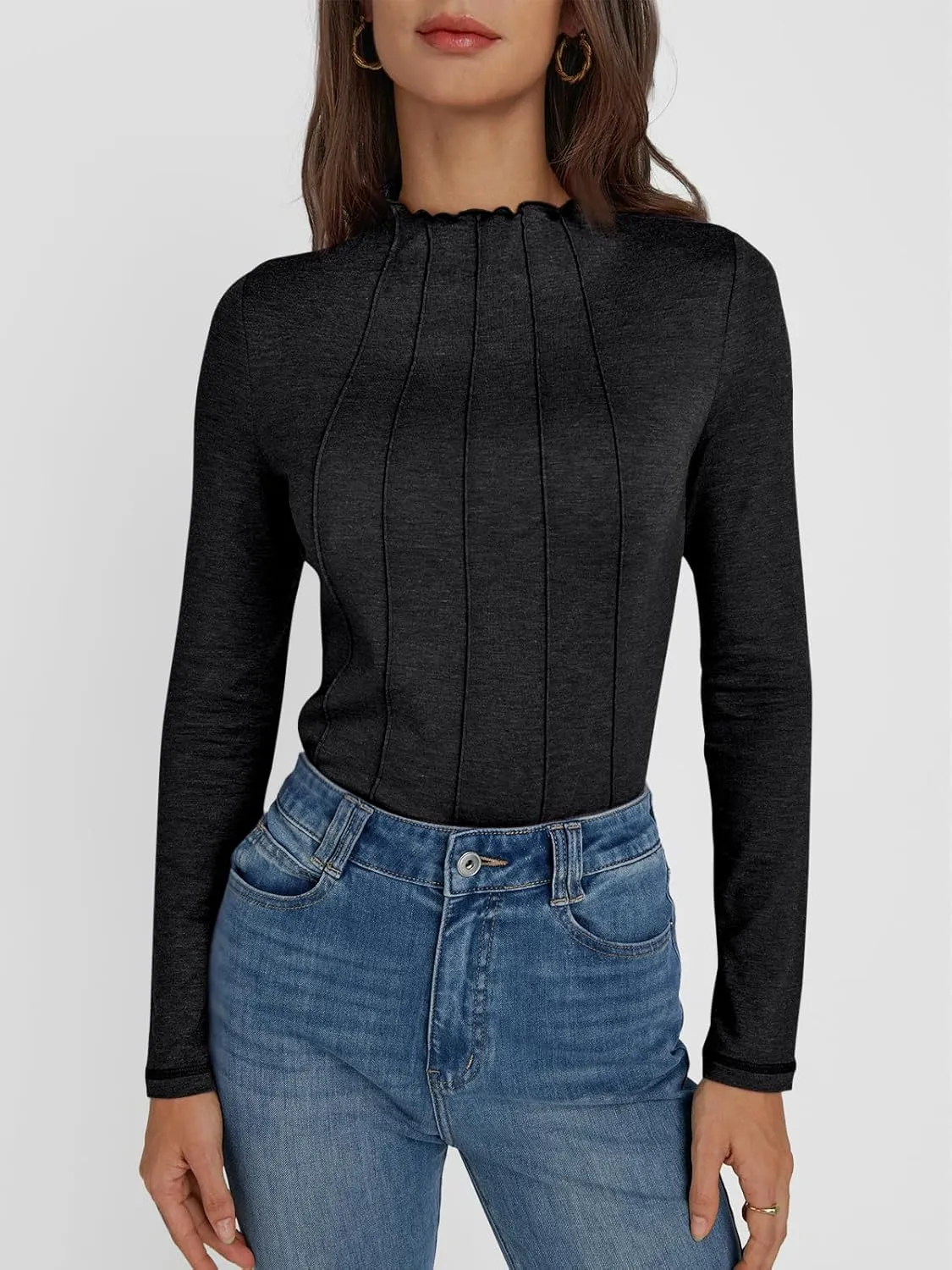 AUTOMET Pleated Long Sleeve Shirts Womens Lettuce Trim Mock Neck Blouses Casual Slim Fit Tops
