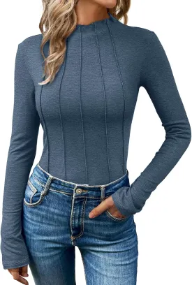 AUTOMET Pleated Long Sleeve Shirts Womens Lettuce Trim Mock Neck Blouses Casual Slim Fit Tops