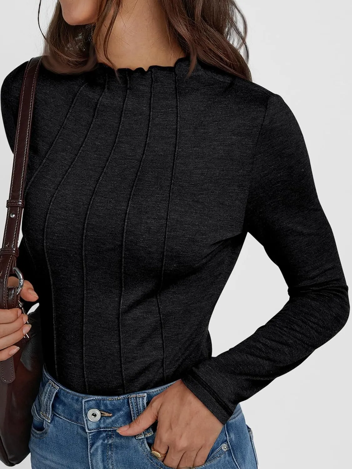 AUTOMET Pleated Long Sleeve Shirts Womens Lettuce Trim Mock Neck Blouses Casual Slim Fit Tops