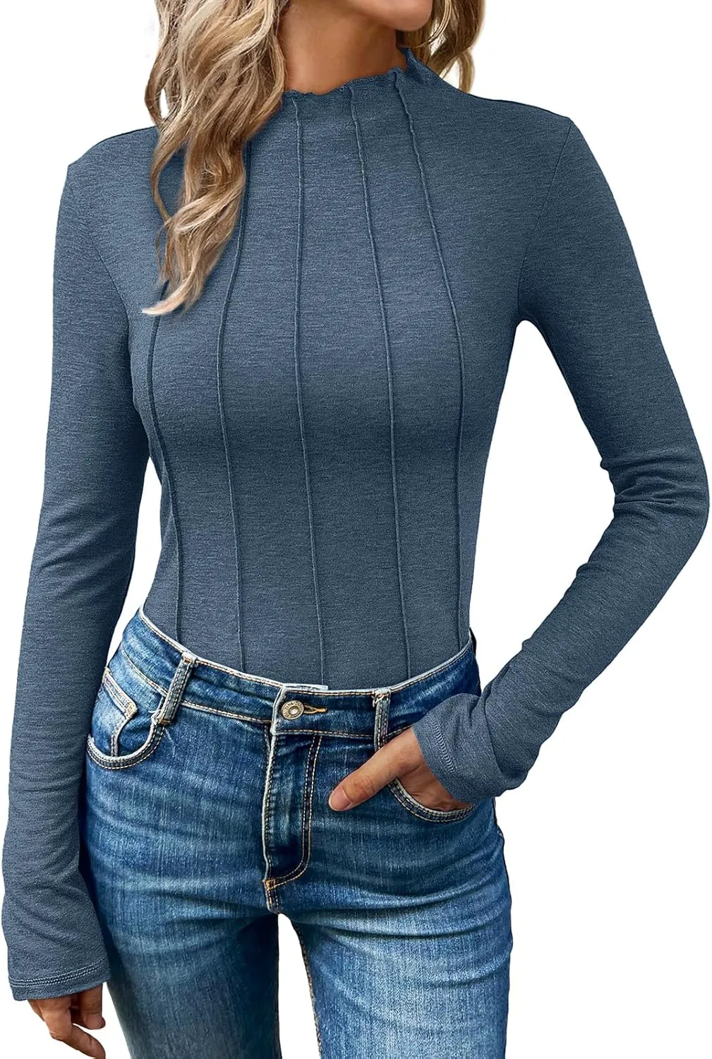 AUTOMET Pleated Long Sleeve Shirts Womens Lettuce Trim Mock Neck Blouses Casual Slim Fit Tops