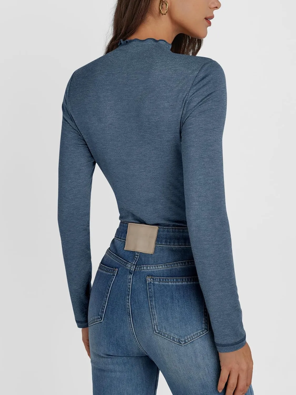 AUTOMET Pleated Long Sleeve Shirts Womens Lettuce Trim Mock Neck Blouses Casual Slim Fit Tops