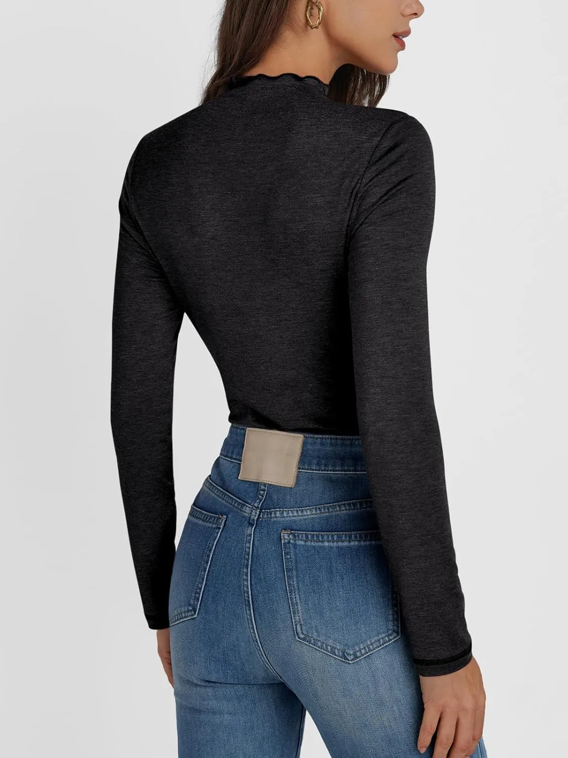 AUTOMET Pleated Long Sleeve Shirts Womens Lettuce Trim Mock Neck Blouses Casual Slim Fit Tops