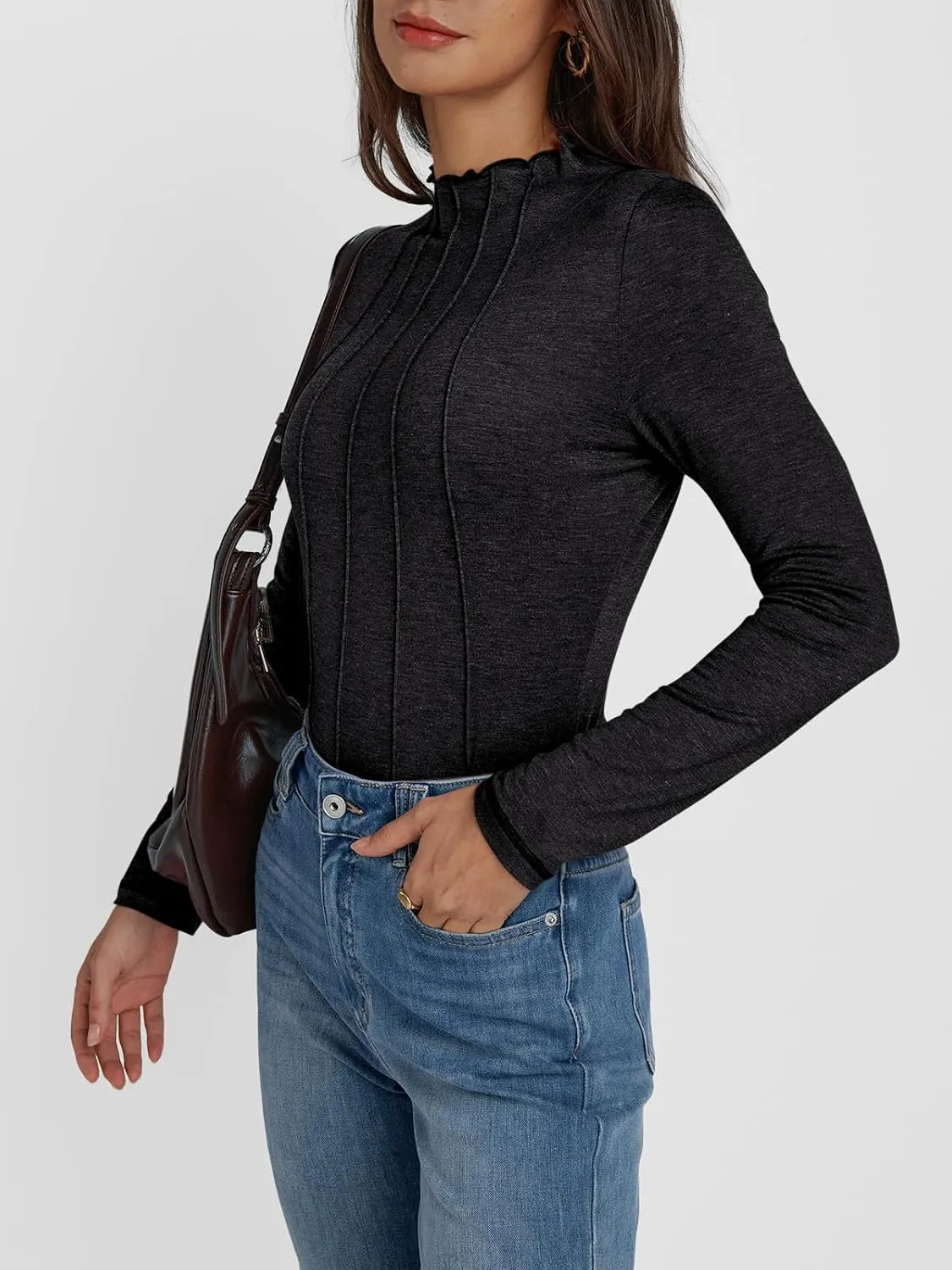 AUTOMET Pleated Long Sleeve Shirts Womens Lettuce Trim Mock Neck Blouses Casual Slim Fit Tops