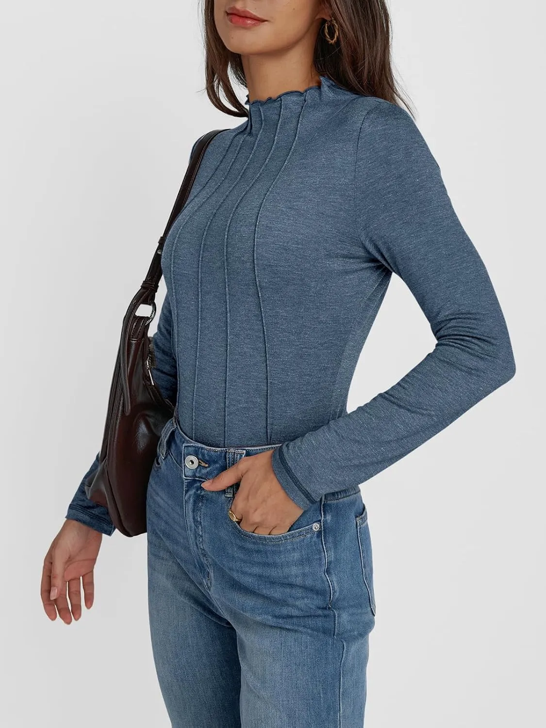 AUTOMET Pleated Long Sleeve Shirts Womens Lettuce Trim Mock Neck Blouses Casual Slim Fit Tops