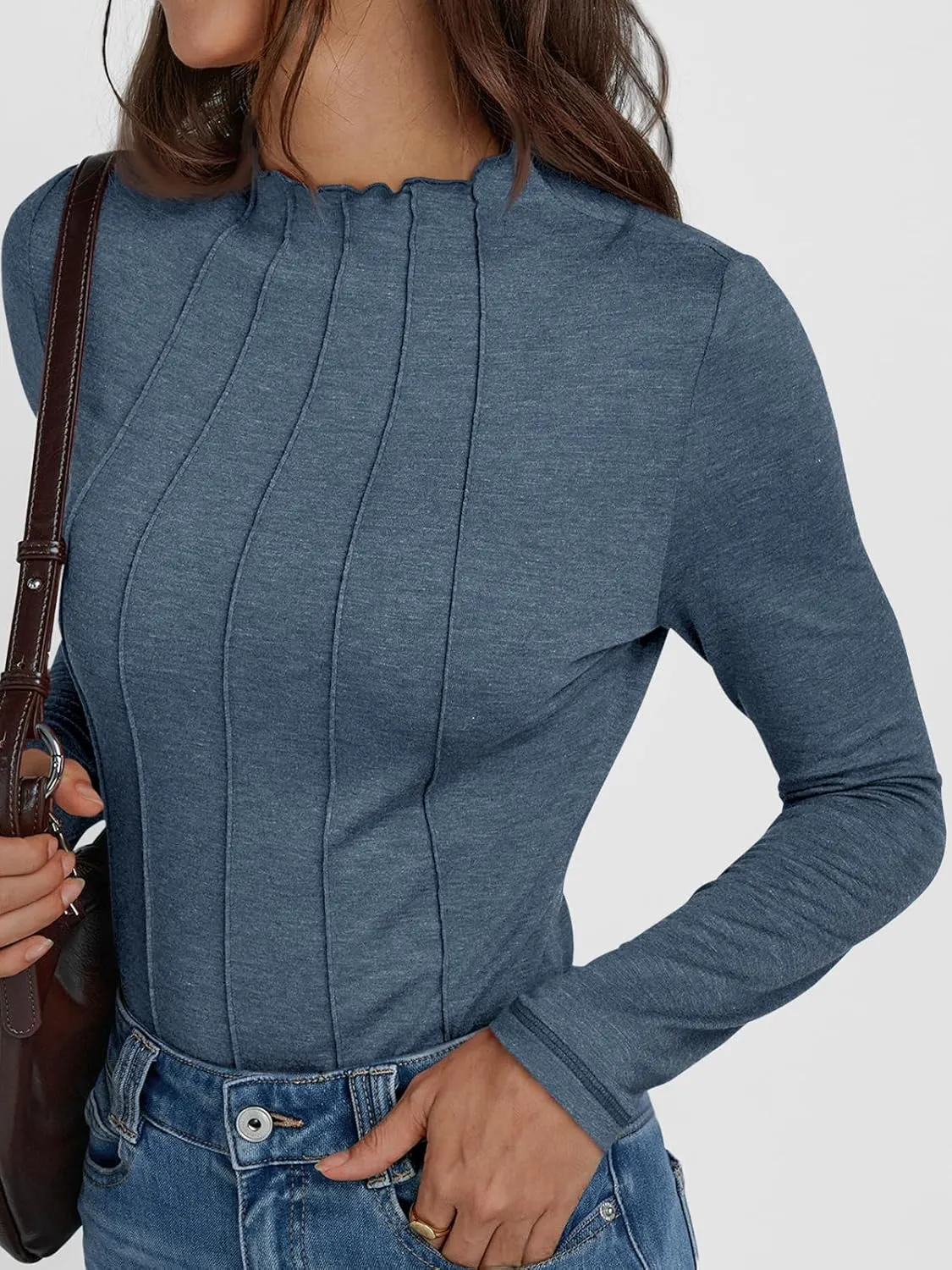 AUTOMET Pleated Long Sleeve Shirts Womens Lettuce Trim Mock Neck Blouses Casual Slim Fit Tops