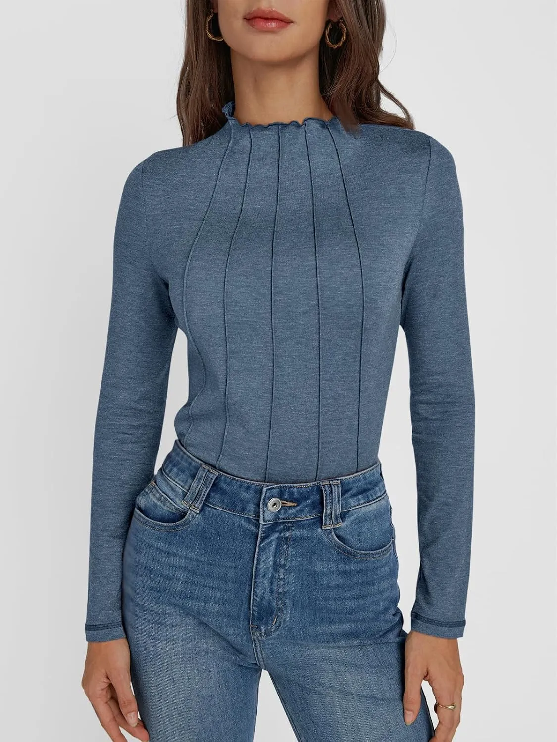 AUTOMET Pleated Long Sleeve Shirts Womens Lettuce Trim Mock Neck Blouses Casual Slim Fit Tops