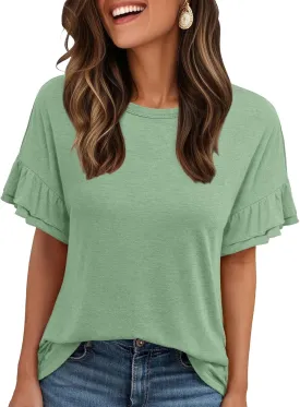 AUTOMET Women's Ruffle Short Sleeve Shirts Dressy Casual 2025 Summer Crewneck Cute Tops Trendy Outfits Fashion Clothes