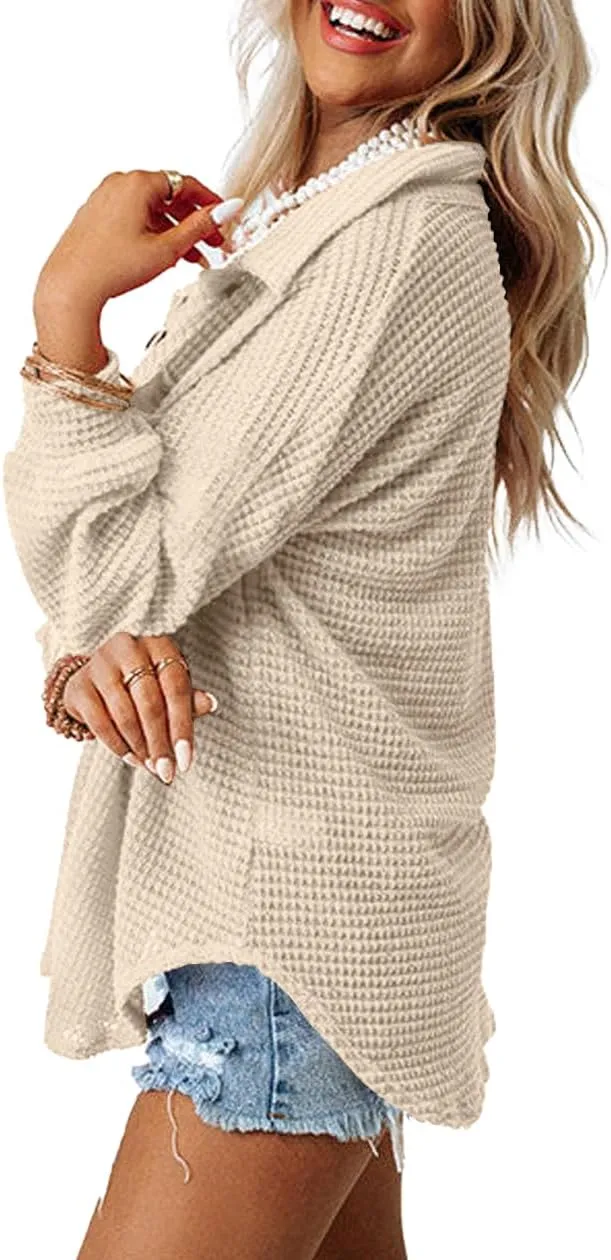 Beaully Womens Waffle Knit Long Sleeve Button Down Shirts Casual Lightweight Shacket Dressy Blouses Tops