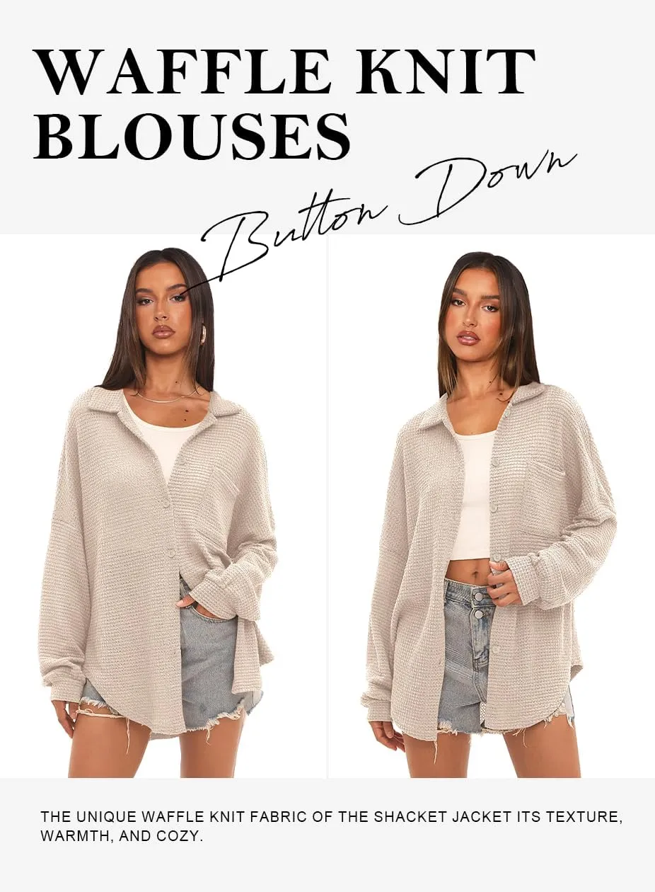 Beaully Womens Waffle Knit Long Sleeve Button Down Shirts Casual Lightweight Shacket Dressy Blouses Tops