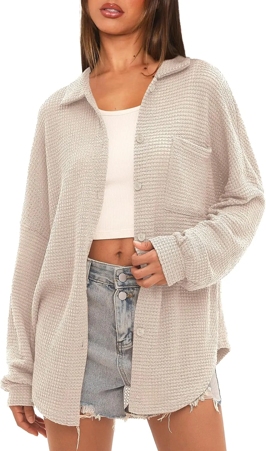 Beaully Womens Waffle Knit Long Sleeve Button Down Shirts Casual Lightweight Shacket Dressy Blouses Tops