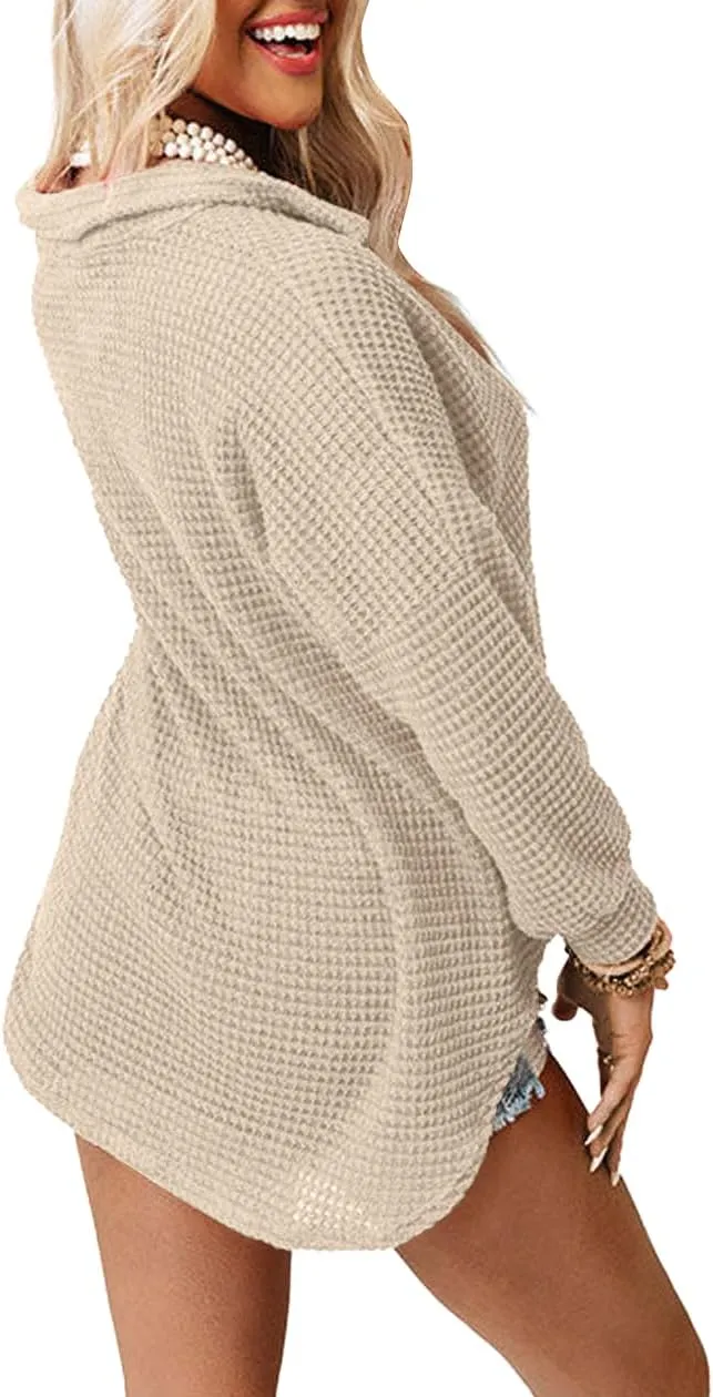 Beaully Womens Waffle Knit Long Sleeve Button Down Shirts Casual Lightweight Shacket Dressy Blouses Tops