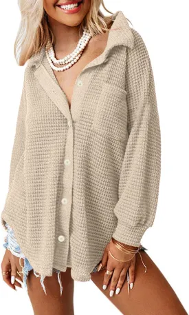 Beaully Womens Waffle Knit Long Sleeve Button Down Shirts Casual Lightweight Shacket Dressy Blouses Tops