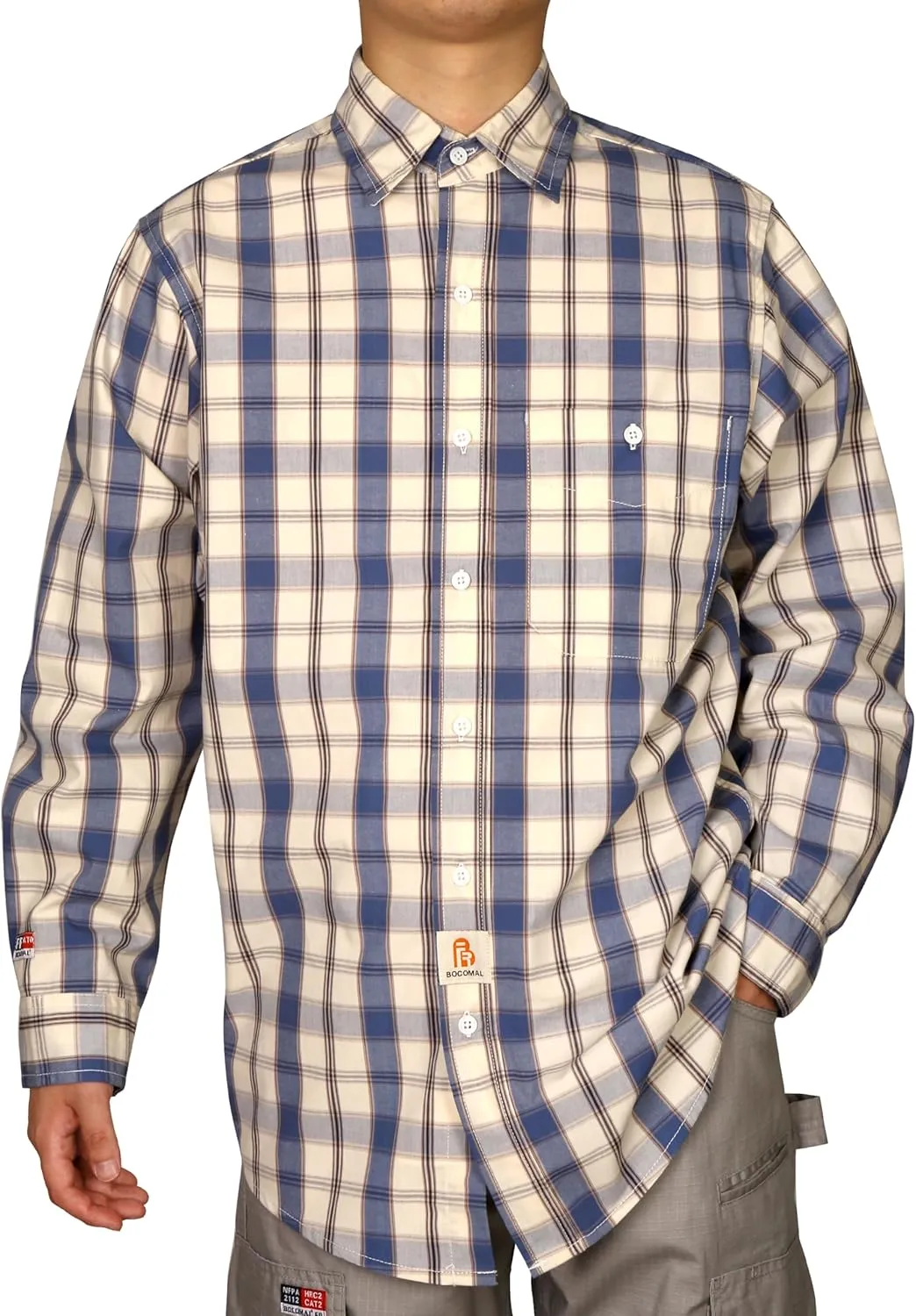 BOCOMAL FR Shirts Plaid 4.5oz Lightweight for Summer Flame Resistant Men's Fire Retardant Shirt-CAT1