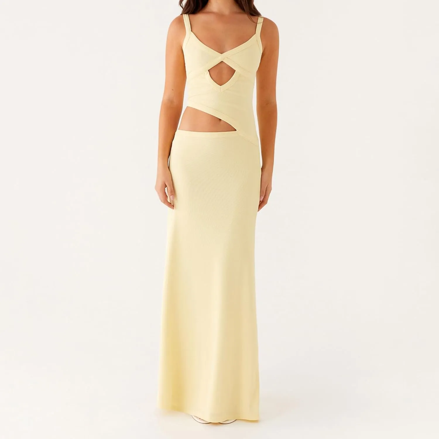 Bodycon Maxi Dress Women Sexy Sleeveless Cutout Low V Neck Spaghetti Strap Backless Solid Hollow Out Long Dresses