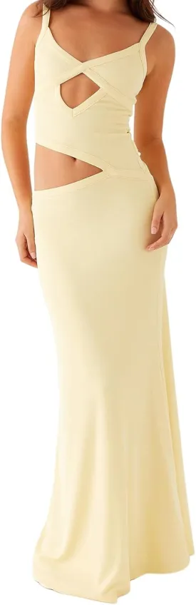 Bodycon Maxi Dress Women Sexy Sleeveless Cutout Low V Neck Spaghetti Strap Backless Solid Hollow Out Long Dresses