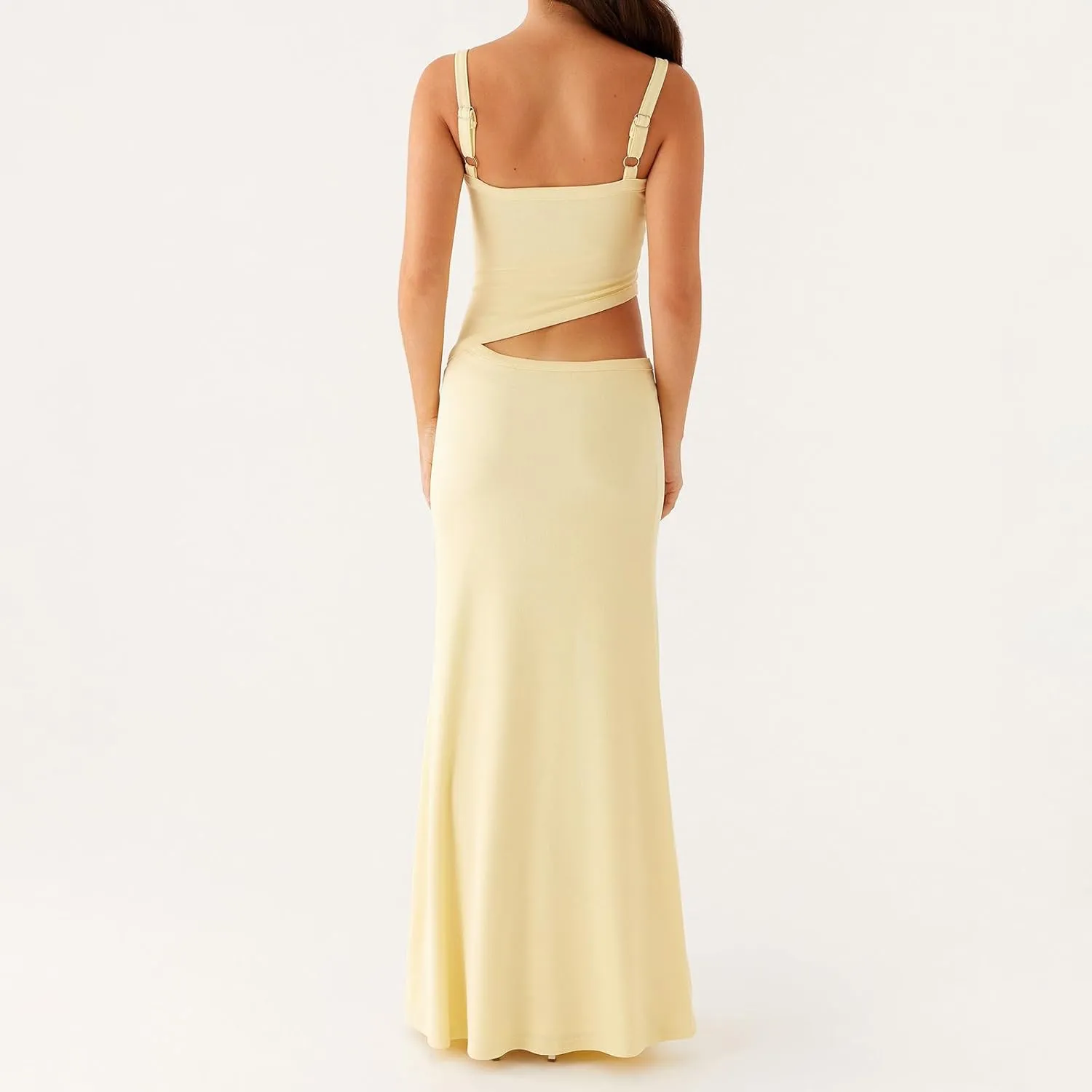 Bodycon Maxi Dress Women Sexy Sleeveless Cutout Low V Neck Spaghetti Strap Backless Solid Hollow Out Long Dresses