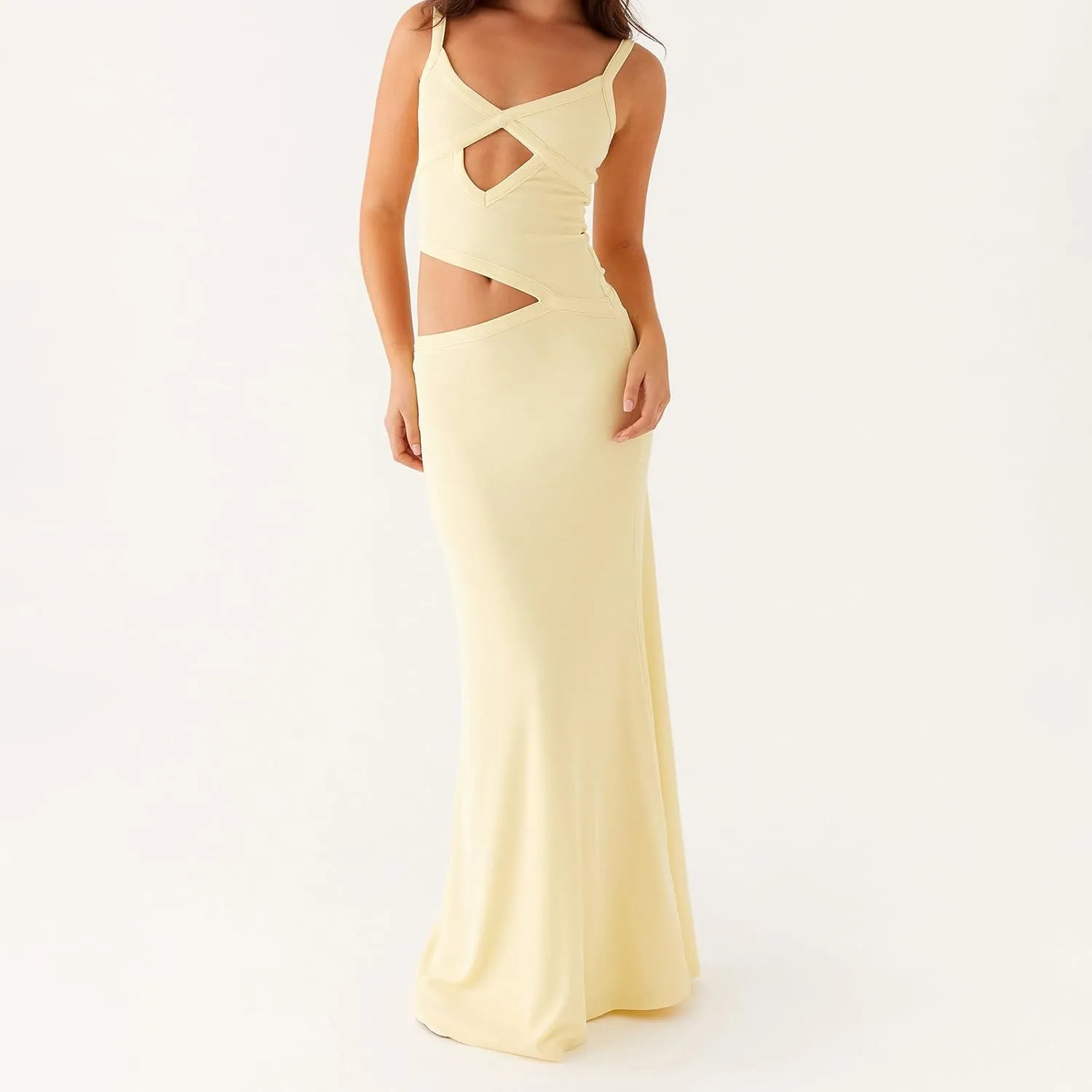 Bodycon Maxi Dress Women Sexy Sleeveless Cutout Low V Neck Spaghetti Strap Backless Solid Hollow Out Long Dresses
