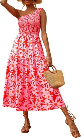 BTFBM 2025 Summer One Shoulder Dresses for Women Casual Sleeveless High Waist Floral Flowy Smocked Boho Beach Maxi Dress