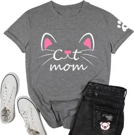 Cat Shirt for Women Cat Mom Letter Print Tshirts in My Cat Mom Era Graphic Tee Cute Casual Pet Paw Top