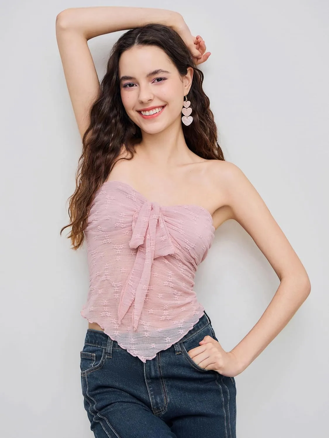 CIDER Summer Tube Tops for Women Floral Tie Front Cute Tops Sexy Going Out Tops Trendy Strapless Mesh Flowy Top Casual