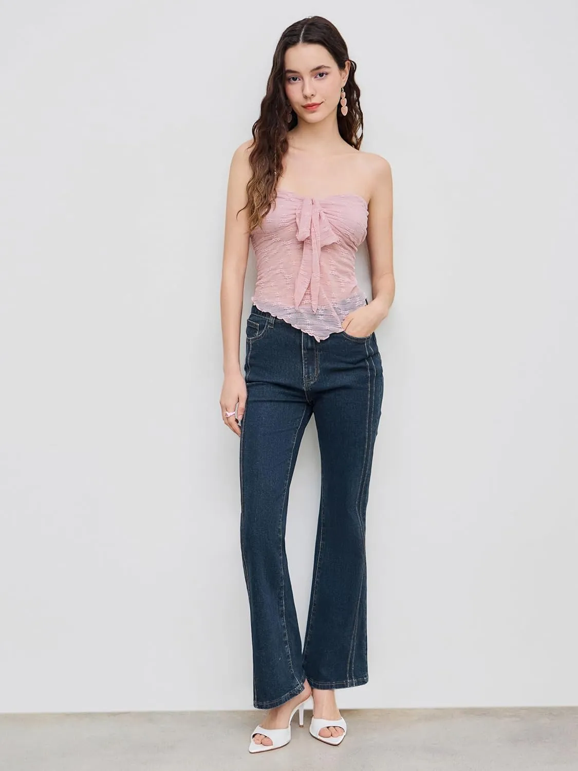 CIDER Summer Tube Tops for Women Floral Tie Front Cute Tops Sexy Going Out Tops Trendy Strapless Mesh Flowy Top Casual