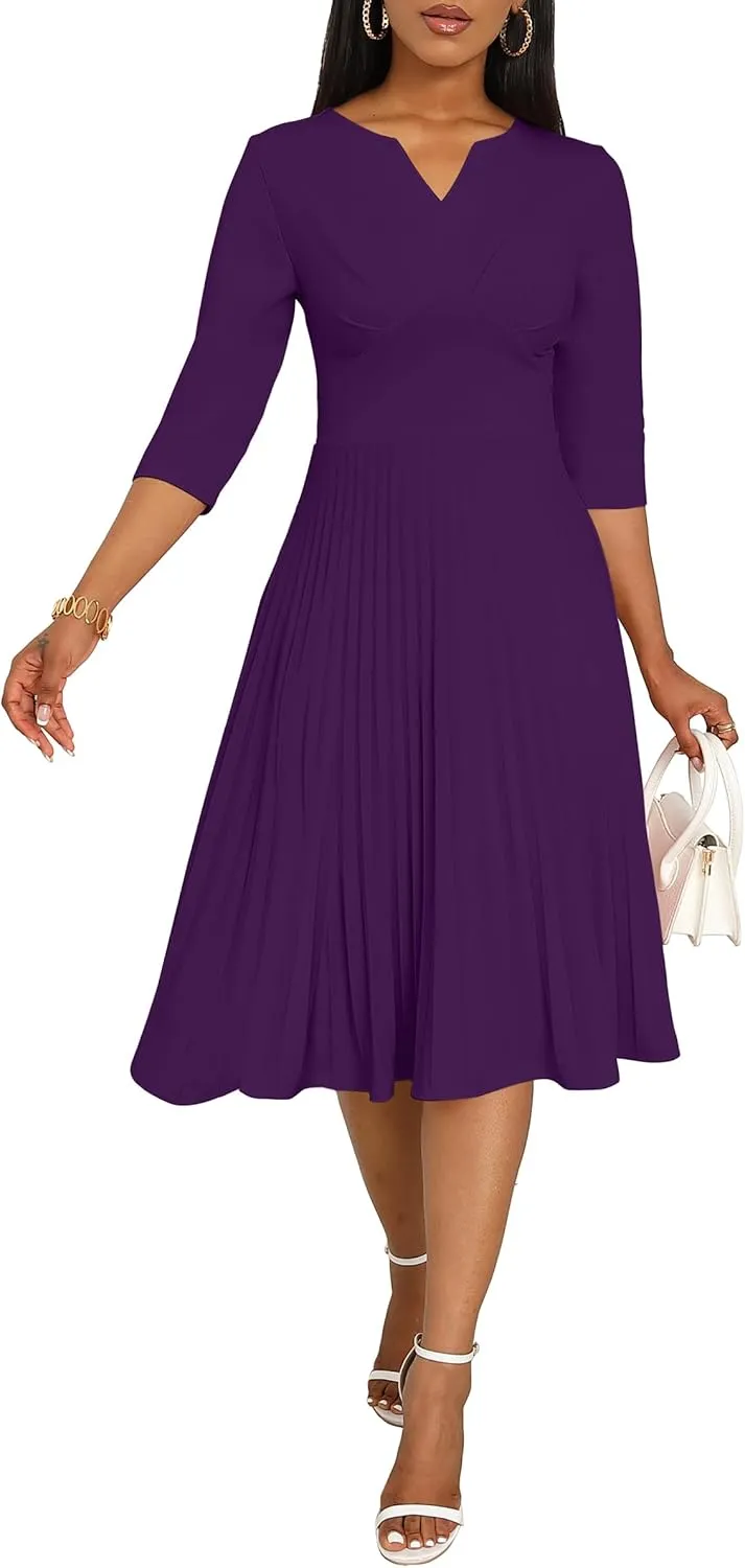 CLOCOR Midi Dresses for Women Casual Wrap Flared Pleated Dress A Line 3/4 Sleeve V Neck Church Cocktail Wedding Guest Dress