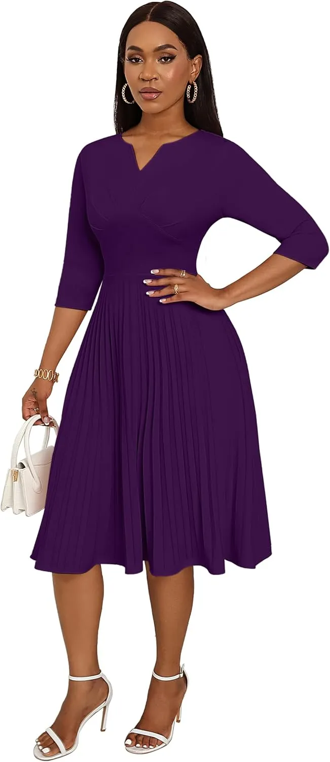 CLOCOR Midi Dresses for Women Casual Wrap Flared Pleated Dress A Line 3/4 Sleeve V Neck Church Cocktail Wedding Guest Dress
