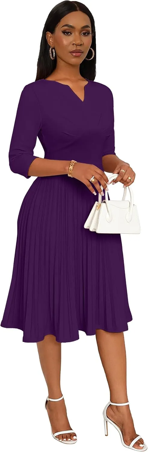 CLOCOR Midi Dresses for Women Casual Wrap Flared Pleated Dress A Line 3/4 Sleeve V Neck Church Cocktail Wedding Guest Dress