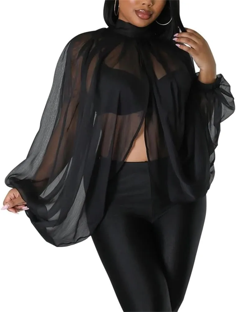 cu4eve Chiffon Blouses for Women Summmer Sexy Open Back Sheer See Through Tie Batwing Sleeve Tops Tunic Shirts