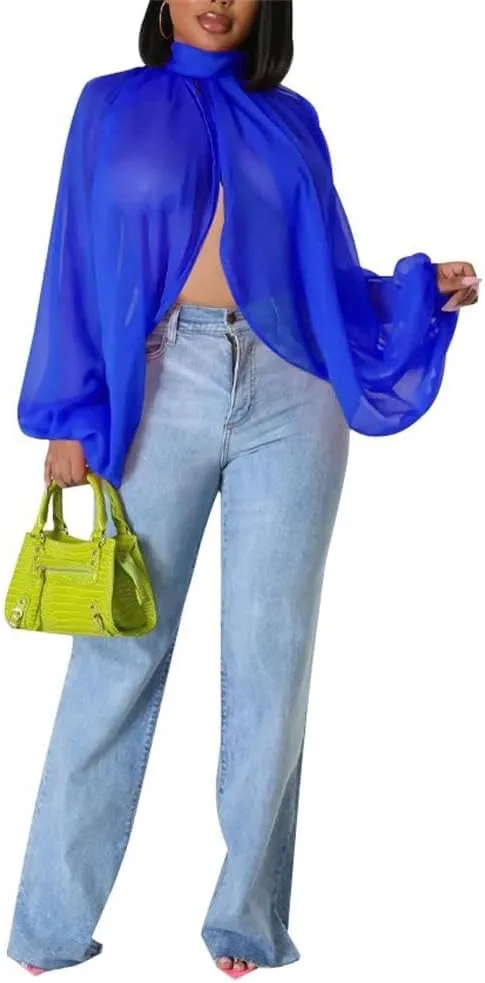 cu4eve Chiffon Blouses for Women Summmer Sexy Open Back Sheer See Through Tie Batwing Sleeve Tops Tunic Shirts