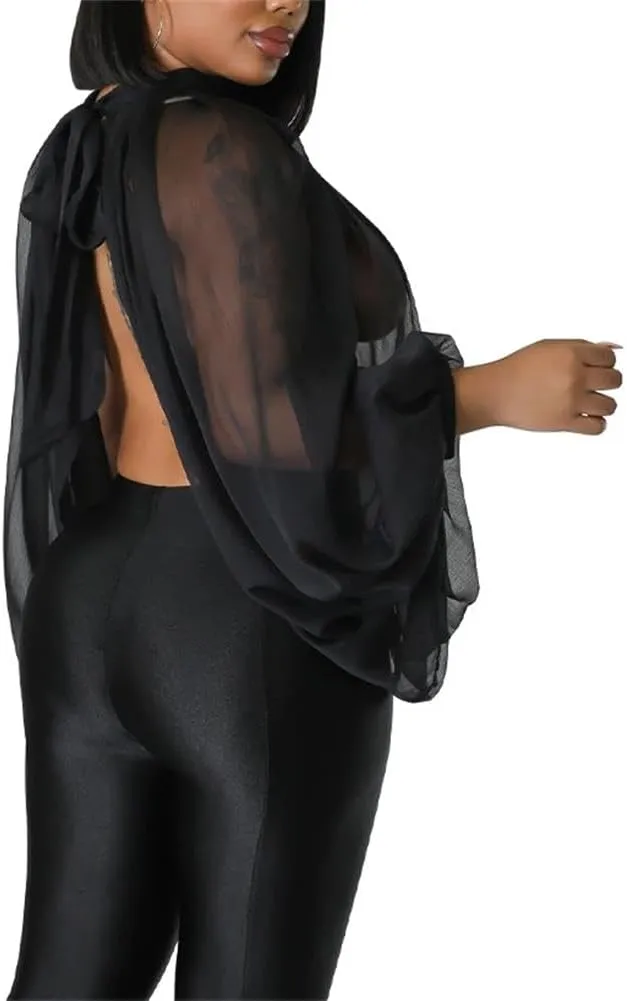 cu4eve Chiffon Blouses for Women Summmer Sexy Open Back Sheer See Through Tie Batwing Sleeve Tops Tunic Shirts