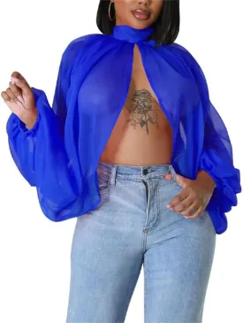 cu4eve Chiffon Blouses for Women Summmer Sexy Open Back Sheer See Through Tie Batwing Sleeve Tops Tunic Shirts
