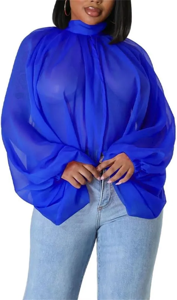 cu4eve Chiffon Blouses for Women Summmer Sexy Open Back Sheer See Through Tie Batwing Sleeve Tops Tunic Shirts