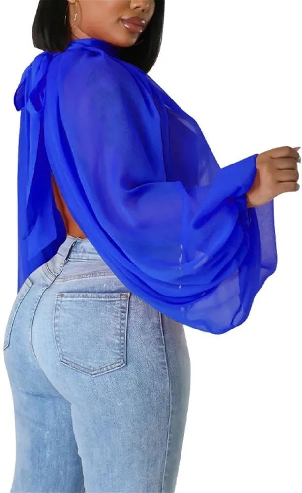 cu4eve Chiffon Blouses for Women Summmer Sexy Open Back Sheer See Through Tie Batwing Sleeve Tops Tunic Shirts