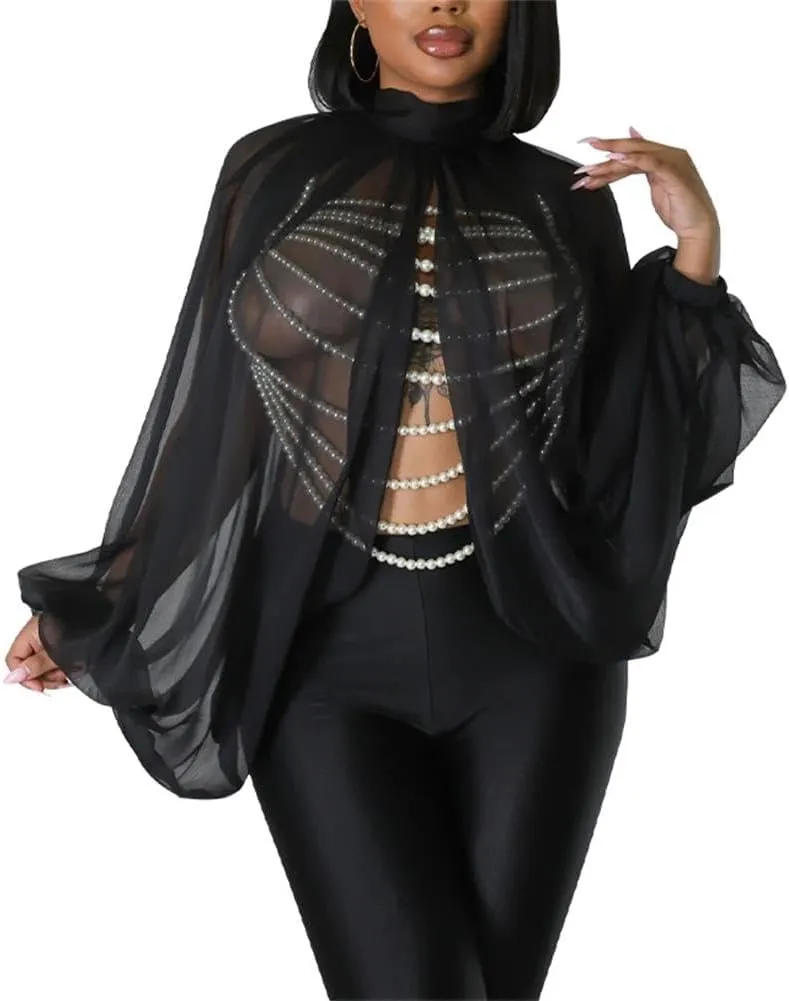 cu4eve Chiffon Blouses for Women Summmer Sexy Open Back Sheer See Through Tie Batwing Sleeve Tops Tunic Shirts
